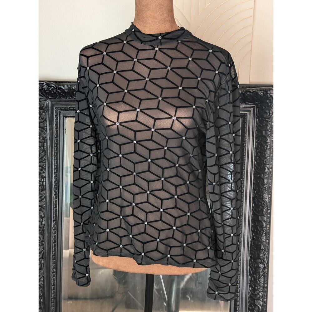 Sheer Black With Velvet Geometric Design And Rhinestones. AvidLove Sz. Med....